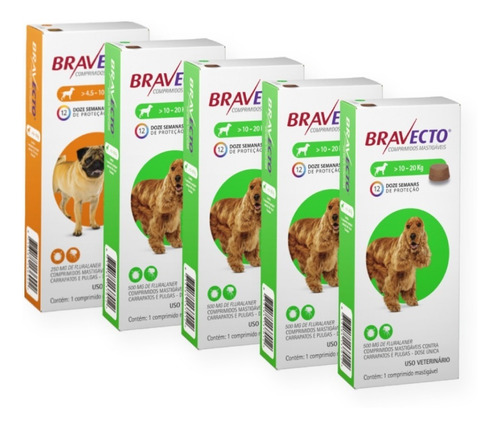 Kit 5 Bravectos Sendo 4 Un. 10 A 20 Kg E 1 Un. 4,5 A 10kg