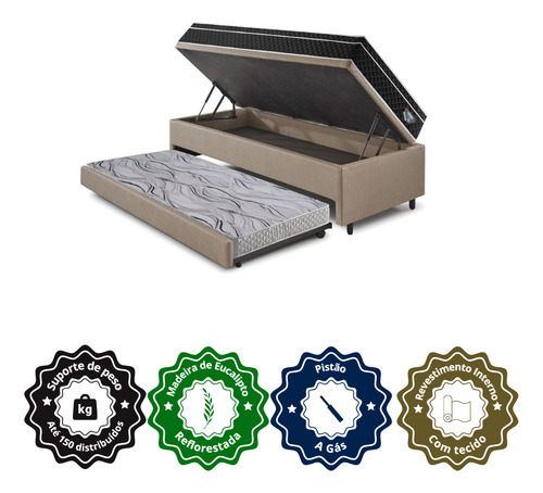 Bicama Box Baú + Colchão Gransleep Molas Courino Bege 88x188