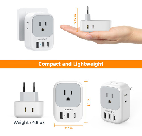 Adaptador De Viagem Tessan Type C Com 4 Tomadas E 3 Portas U