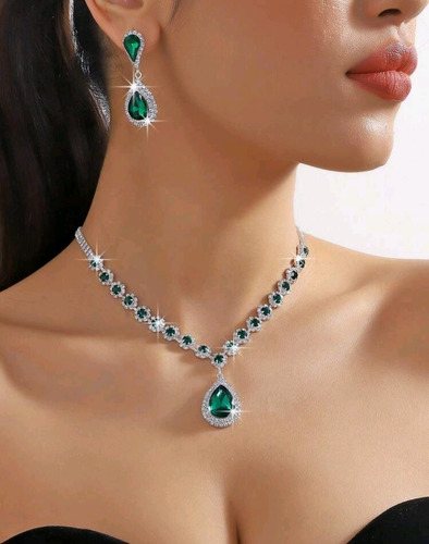 Set Collar + Aretes Joyeria Elegante Boda Fiesta Verde Mod 2