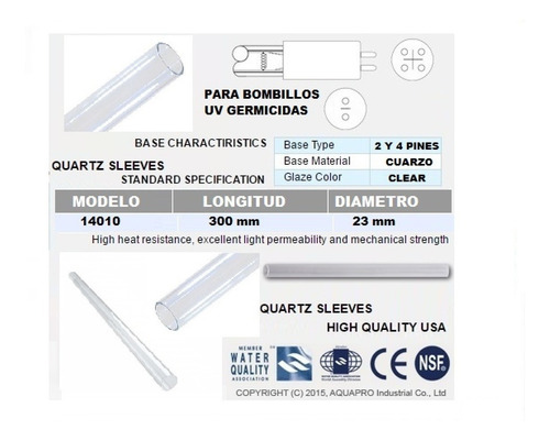 Funda O Manga De Cuarzo De 300 Mm Para Bombillos Uv Osmosis