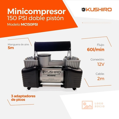 Imagen 3 de 4 de Compresor de aire mini a batería portátil Kushiro MC150PSI 25hp plateado/negro