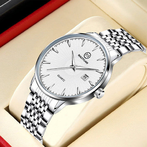 Reloj De Cuarzo Para Hombre Quartz watch My-003 Deportivo Impermeable Funci Correa Plateado Bisel Plateado Fondo Blanco