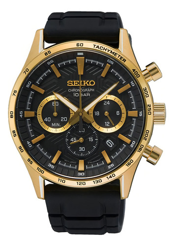 Relógio Seiko Cronógrafo Masculino Ssb446b1 P1px Correia Preto Bisel Dourado Fundo Preto