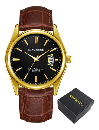 Reloj de pulsera Kingnuos K1853G de cuerpo color dore gold, analógico, para hombre, fondo negro, con correa de cuero color marrón y hebilla simple