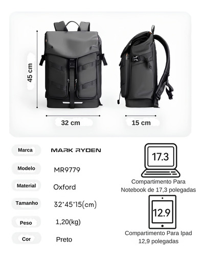 Mochila de viaje expandible de primera calidad de 22 a 29 litros para cuaderno de 17,3 Mark Ryden modelo Mr9779, color negro mate