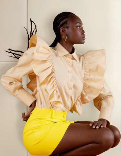 Camisa Volados Sastrera Beige Mujer Elegante