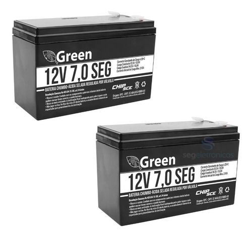 Kit 2 Bateria 12v 7a Green Alarme Cerca Elétrica Nobreak