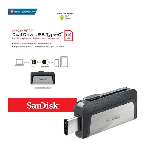 Pack X3 Pendrive 64 Gb Dual Celular Tipo C Y Usb Sandisk