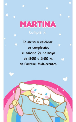 Invitación Digital Cumpleaños Cinnamoroll Kuromi Hello Kitty Azul Claro