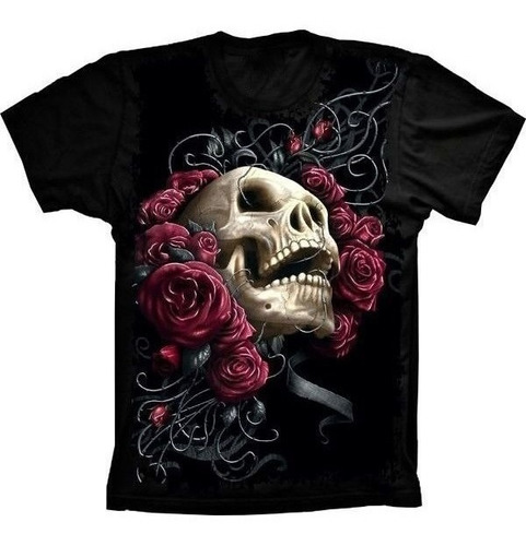 Camiseta Estilosa 3d Fullprint - Skull Caveira Flowers Rosas