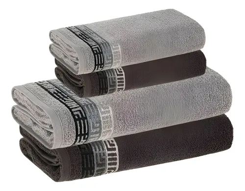 Pilha de quatro toalhas Karsten Bosco dobradas alternando entre tons de cinza claro e escuro com barra decorada