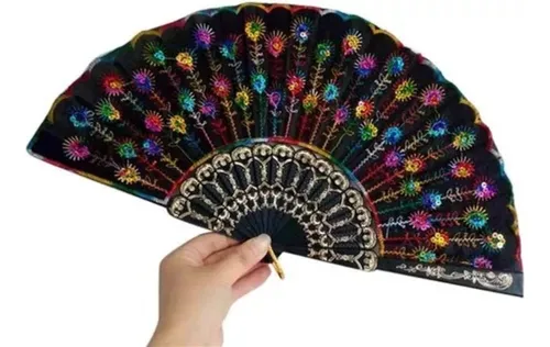 comprar Set X4 Abanico De Mano Tela Diseño Lentejuelas Bordado Negro