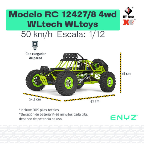 Carro De Control Remoto RC 4x4 50 km/h Wltech Wltoys 12428 Batería Extra Color Verde Neón