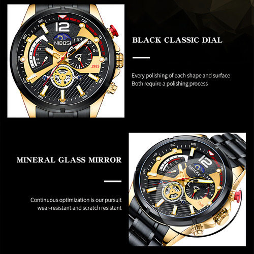 Reloj De Cuarzo Cronógrafo Luminoso De Lujo Nibosi Color Del Fondo Dorado/negro