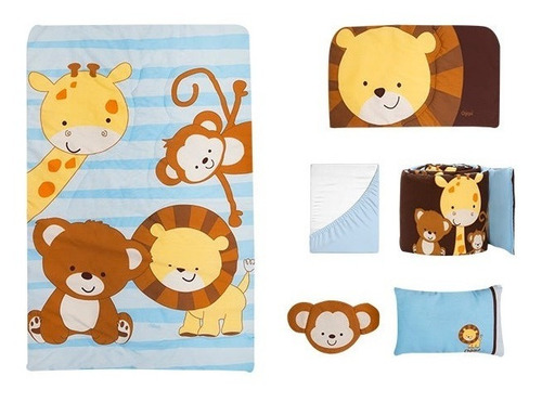 Set De Edredón Para Cuna De Bebe, 6 Pzas. Varios Diseños. Azul Blue Safari
