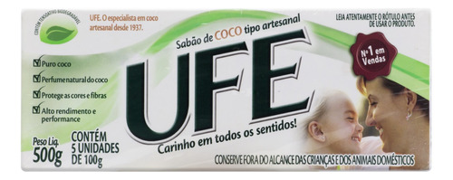 Sabão Barra Artesanal Coco Ufe Pacote 500g 5 Unidades