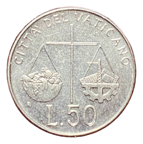 Moneda 50 Liras Vaticano 1992 Km 238 Cruz Juan Pablo 2 (Usado)