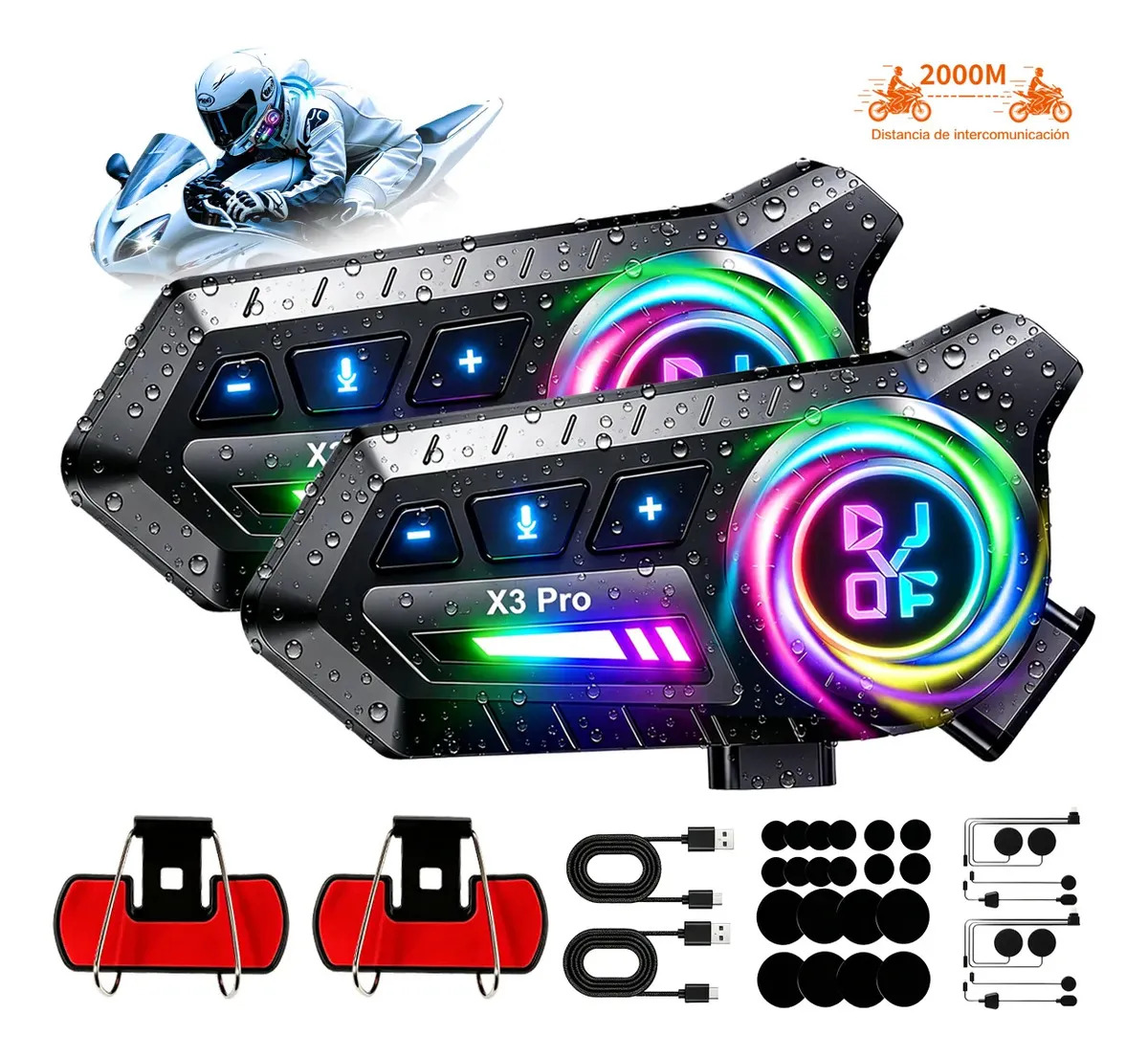 Intercomunicadores Casco Audífonos Bluetooth Para Moto 2pcs DJYQFB X3PRO,Radio y Música Juntas