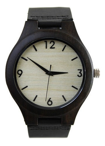 Reloj Madera Correa Cuero Negro Marcadores Números Cuartos