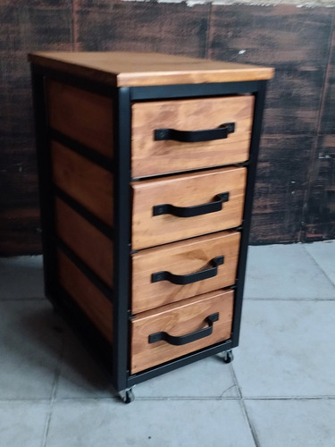 Imagen 2 de 5 de Cajonera Industrial Hierro Madera Rústica Guardado Móvil