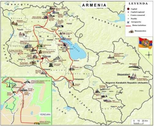 Armenia - Mapa De Lugares Y Rutas Turísticas - 45x30 Cm.