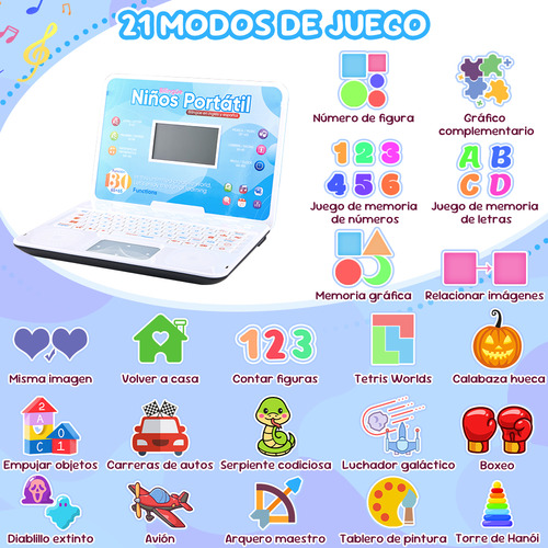 Computadora Laptop Niño Juguete Didáctica Español Ingles 130 Color Azul Acero
