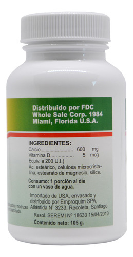 Calcio 600 Mg + Vitamina D X 60 Comprimidos Sabor Sin Sabor