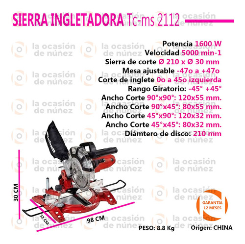 Imagen 2 de 7 de Sierra Ingletadora Einhell Classic Tc-ms 2112 1600w - 230v
