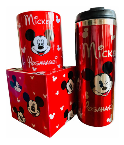 Termo+taza Mickey Mouse Rojo Plata Personalizado