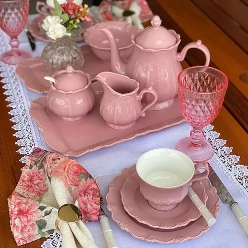 Conjunto de Bule para Chá /Café de porcelana Fancy wolff na cor rosa