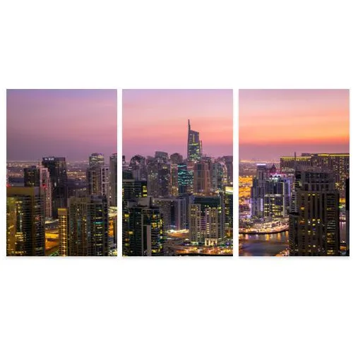 Trio De Quadros Decorativos Partido Cidade Dubai Entardecer