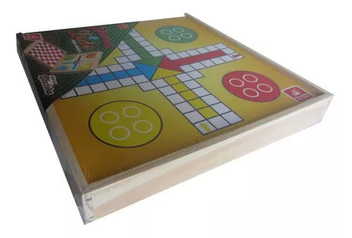 Ludo Clássico Jogo Tabuleiro Madeira Torrinha Dado Pinos