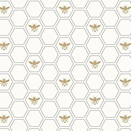 Papel Tapiz - Regal Bee Con Panal En Plata Y Oro Sobre Blanc