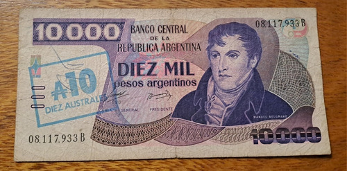 Bottero N 2707 Billete 10.000 Resellado 10 Australes.  Malo 