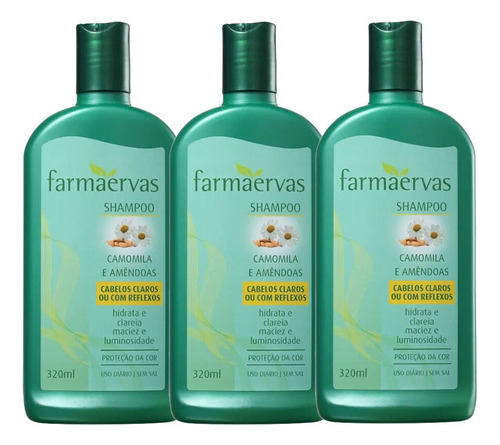  Kit 3 Shampoos 320ml Claros Camomila E Amêndoas Farmaervas