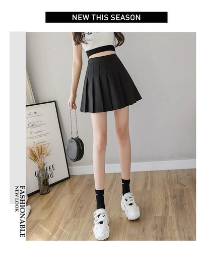 Minifalda Plisada Negra De Cintura Alta Para Niña, Uniforme
