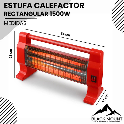 Estufa Eléctrica Con Elementos De Cuarzo, Black Mount, Color Rojo, Calor Inmediato Y Eficiente, 1500w Potencia, 3 Tubos Y 2 Niveles De Calor, Sistema Antivuelco Y Protección Contra Sobrecalentamiento