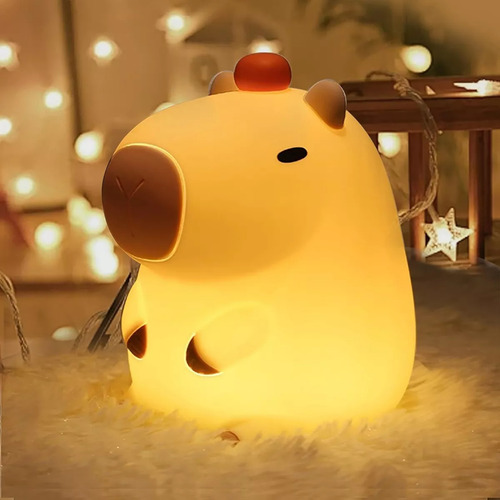 Hermosa Lámpara Luz Led Nocturna Silicona Forma Capibara Marrón Claro