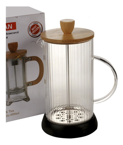 Cafetera Rayada De Vidrio C/ Embolo Y Tapa De Madera 1000 Ml Transparente