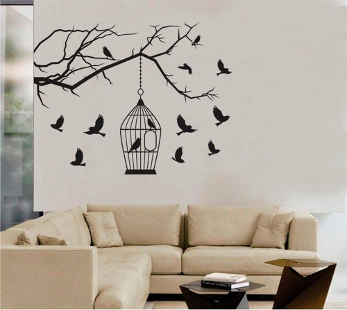 Vinilo Decorativo Rama Pajaros Jaula Pared Mas Diseños 4u