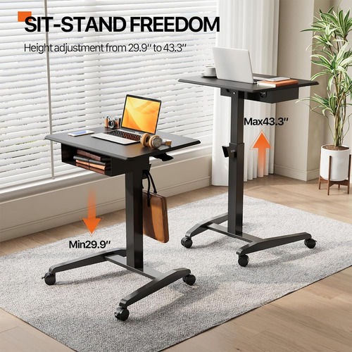 Escritorio Móvil De Pie, Mesa Neumática Ajustable Alt...