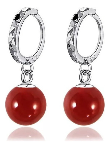 V Aros Bolitas Rojas Baño Plata / Todojoyas