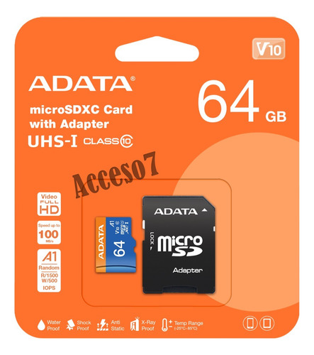 Memoria Micro Sd Xc 64gb Adata Uhs-i Clase 10 Full Hd V10 A1 U1 Microsd Sdxc 50mb/s Con Adaptador A Sd