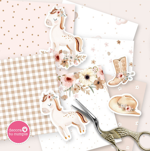 Kit Imprimible Caballito Boho Flores Acuarela