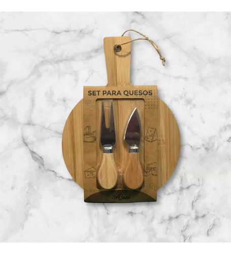 Set Para Picar Quesos Tabla Madera 18cm + Cuchillo Y Tenedor Set Para Quesos Marrón Claro