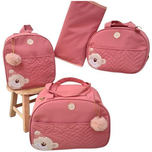 Bolsa Maternidade Bebê Kit 4 Peças Urso Pink Impermeável