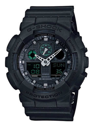 Reloj pulsera Casio G-Shock GA100 de cuerpo color negro, analógico-digital, para hombre, fondo negro, con correa de resina color negro, agujas color plateado, dial gris, subesferas color verde y negro, minutero/segundero gris, bisel color negro y hebilla doble