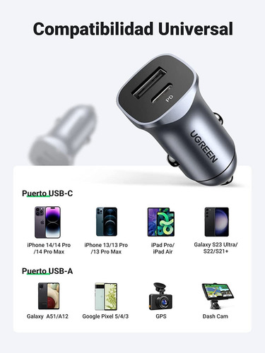 Cargador De Auto Ugreen Usb C Pd Y Qc 3.0 20w Carga Rápida