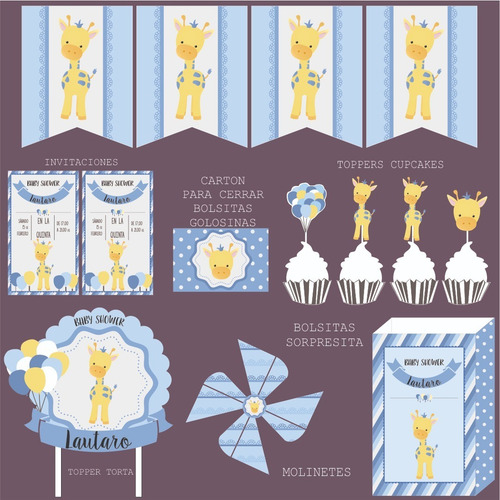 Kit Imprimible Jirafa Babayshower,nene,celeste,bautismo